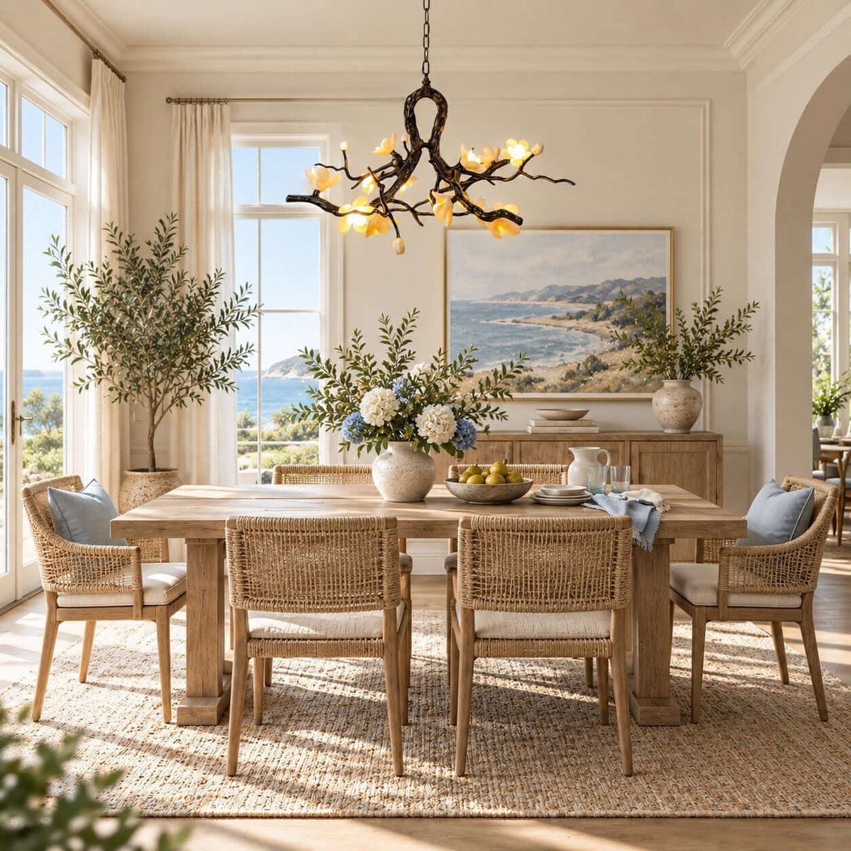 Lit Clérachic flower-branch chandelier above a wooden dining table with rattan chairs, in a bright room with a coastal print and big windows.