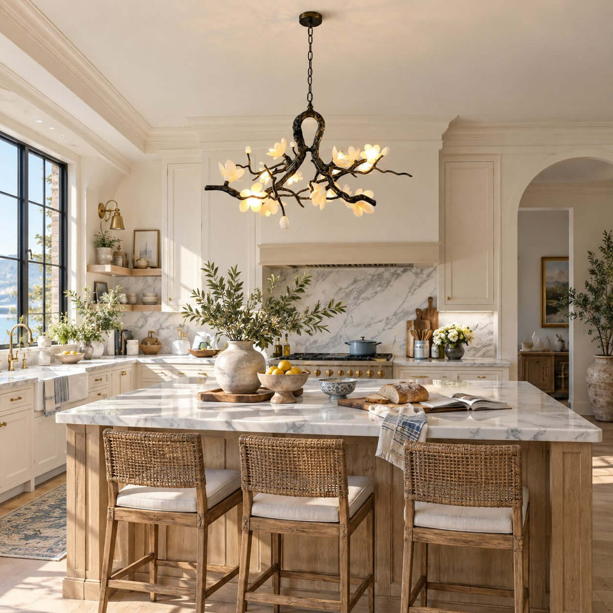 A Clérachic branch chandelier lit above a marble kitchen island with rattan bar stools, beneath white cabinets and an arched opening.