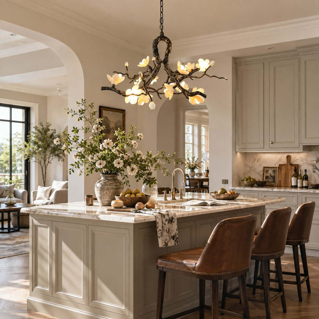 Clérachic branch chandelier over a sage-green kitchen island with brown leather stools, a vase of white flowers and an arched doorway.