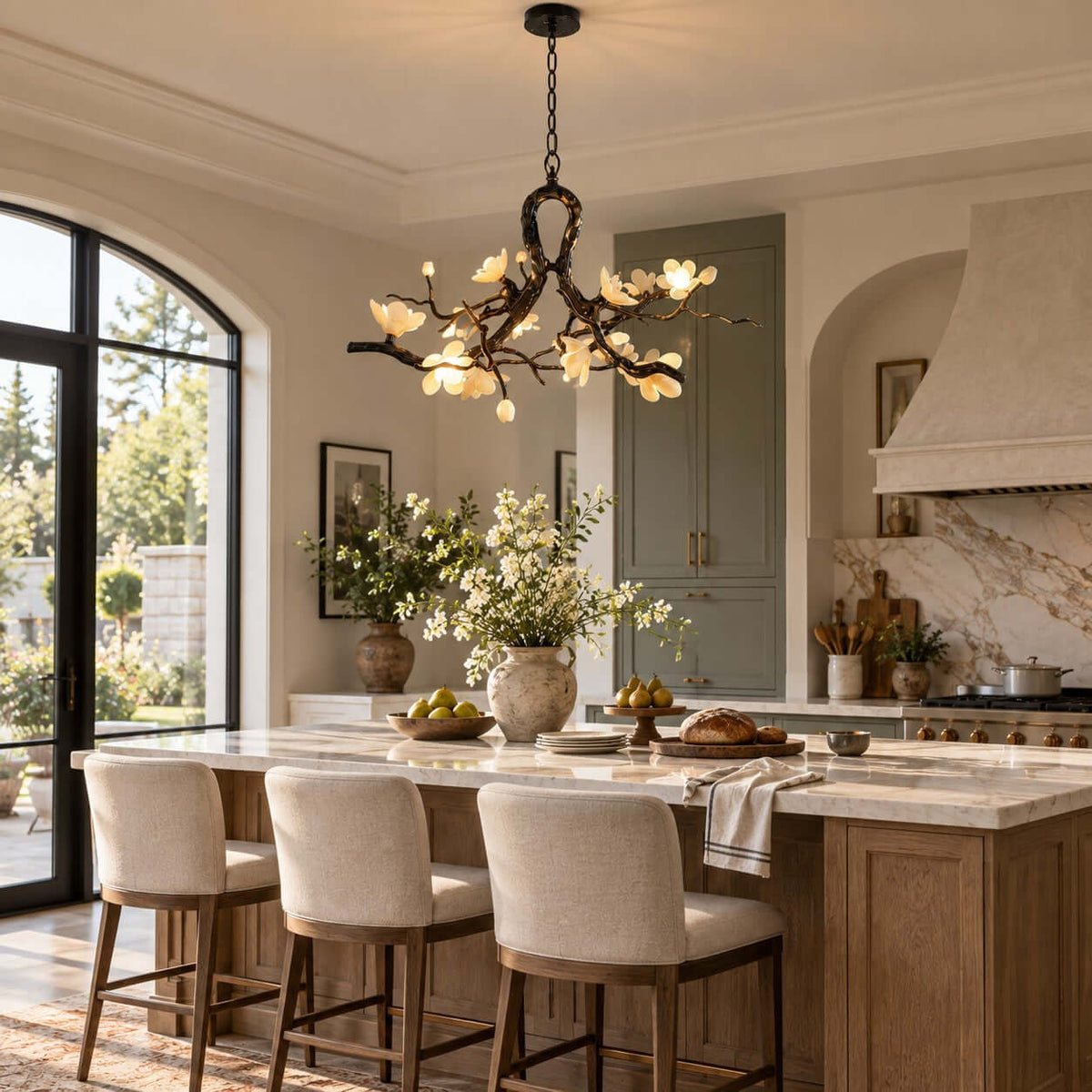 A Clérachic blossom chandelier above a kitchen island with wood-framed stools, in front of an arched window and a sage cupboard.