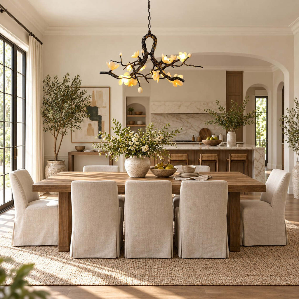 Clérachic chandelier lit above a plank dining table with six slipcovered chairs on a jute rug, a tall olive tree in the corner.