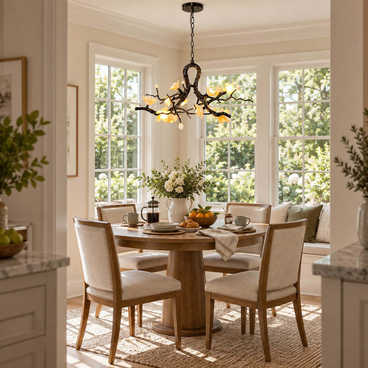 Clérachic chandelier above a round pedestal table laid for breakfast, with tall windows and a window seat behind.