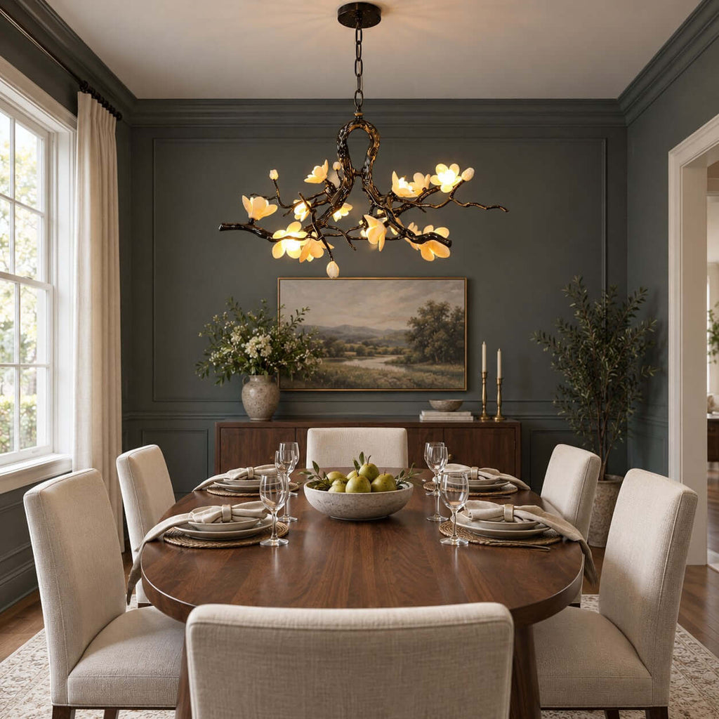 A Clérachic chandelier lit against a dark slate-blue panelled wall, above an oval wood table set for dinner.
