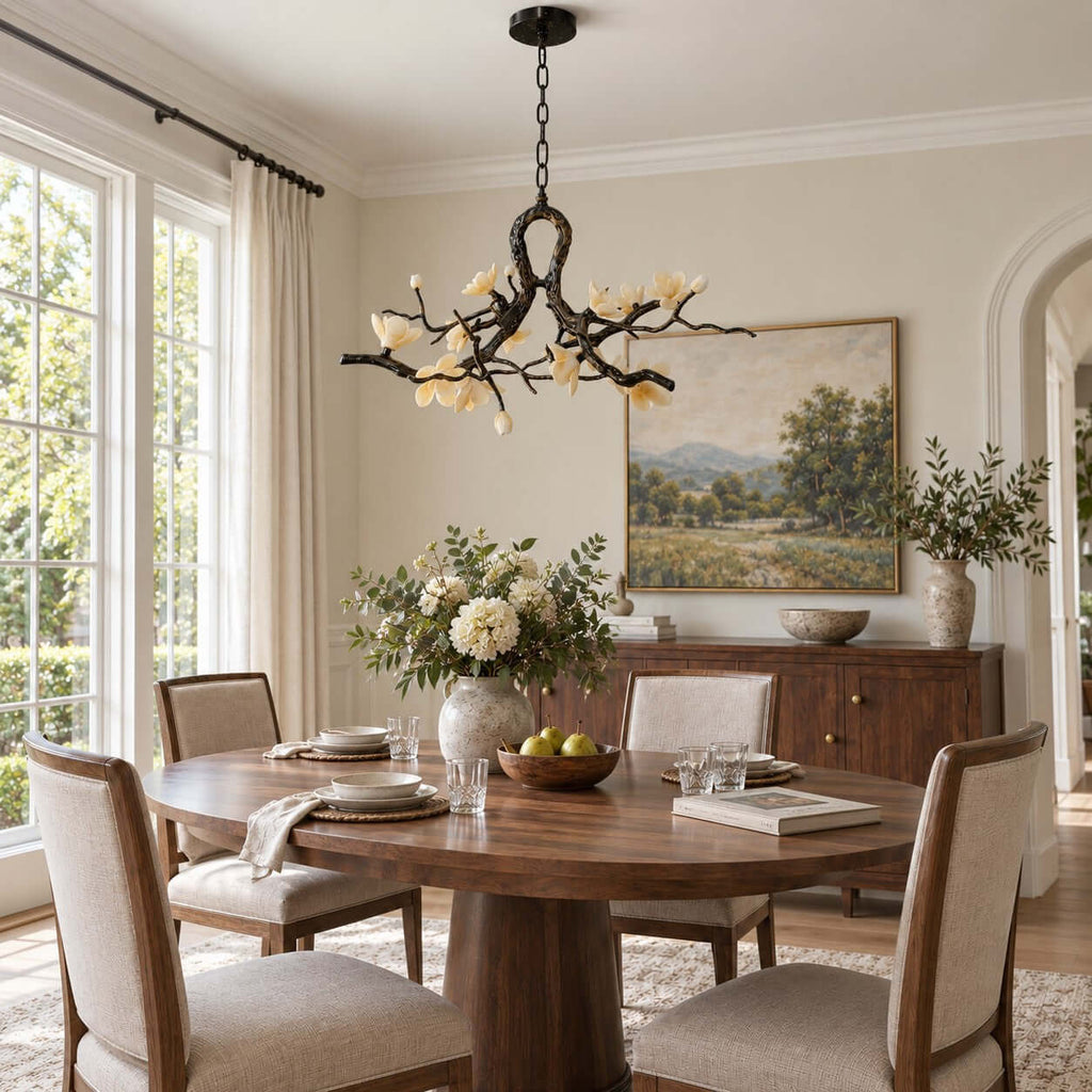 Lit Clérachic chandelier above a round wood dining table, with a sideboard, a landscape painting and tall windows behind.