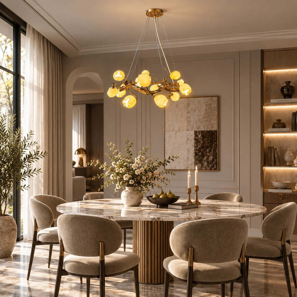 A Clérachic gold chandelier lit above a round marble dining table with taupe curved-back chairs, in a room with tall arched windows.