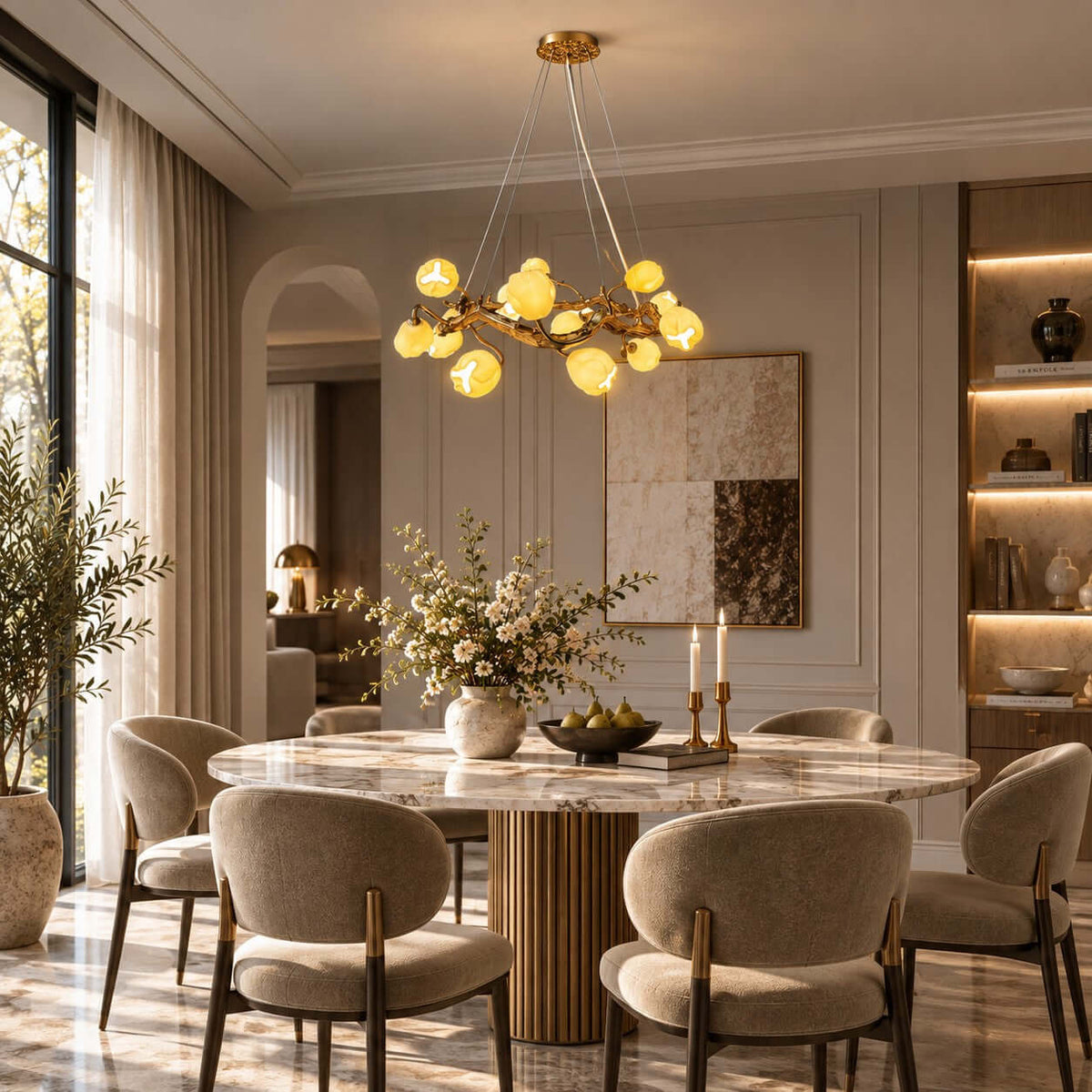 A Clérachic gold chandelier lit above a round marble dining table with taupe curved-back chairs, in a room with tall arched windows.