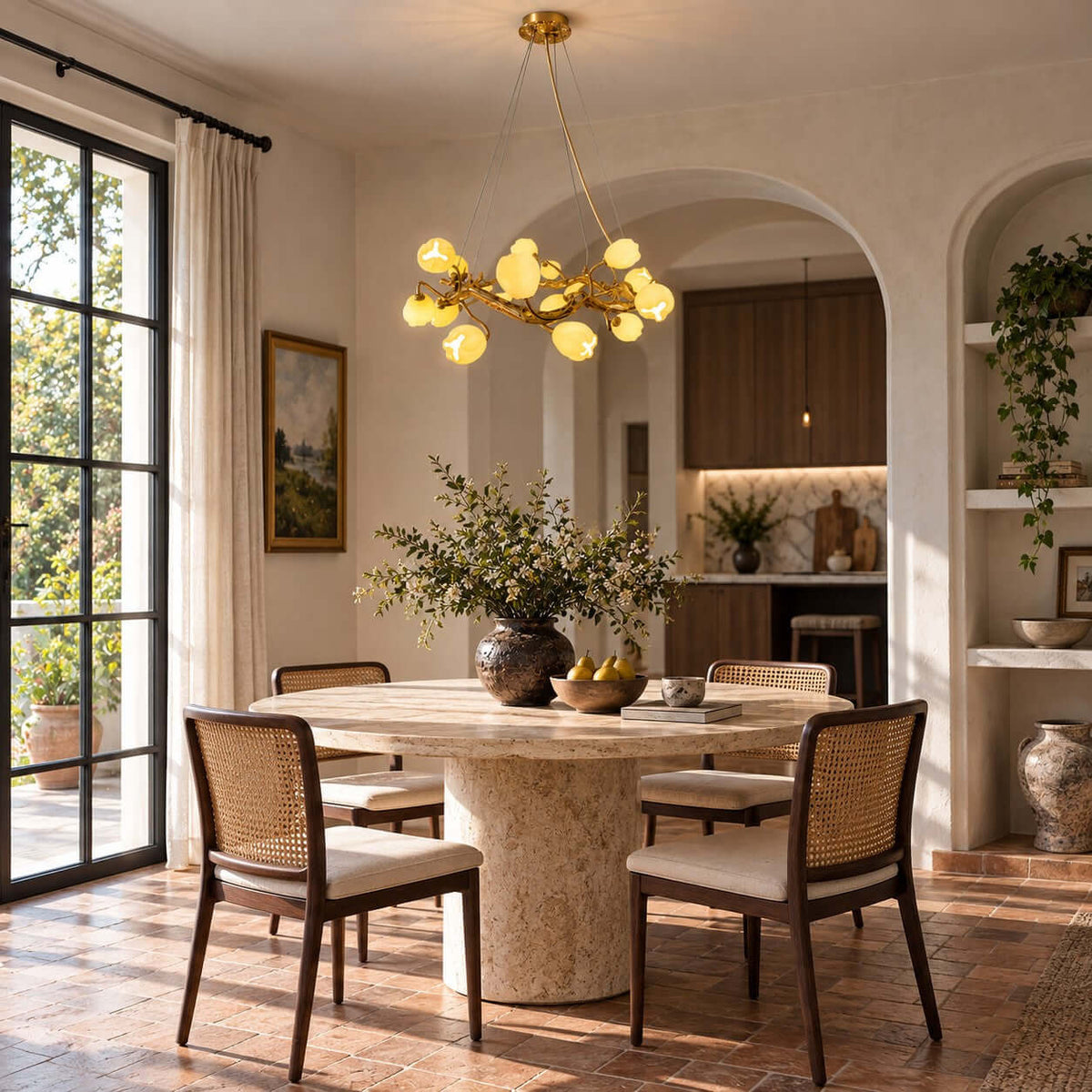 Above a round pale stone dining table with cane-backed chairs, this Clérachic flower chandelier glows beside a garden-view window.