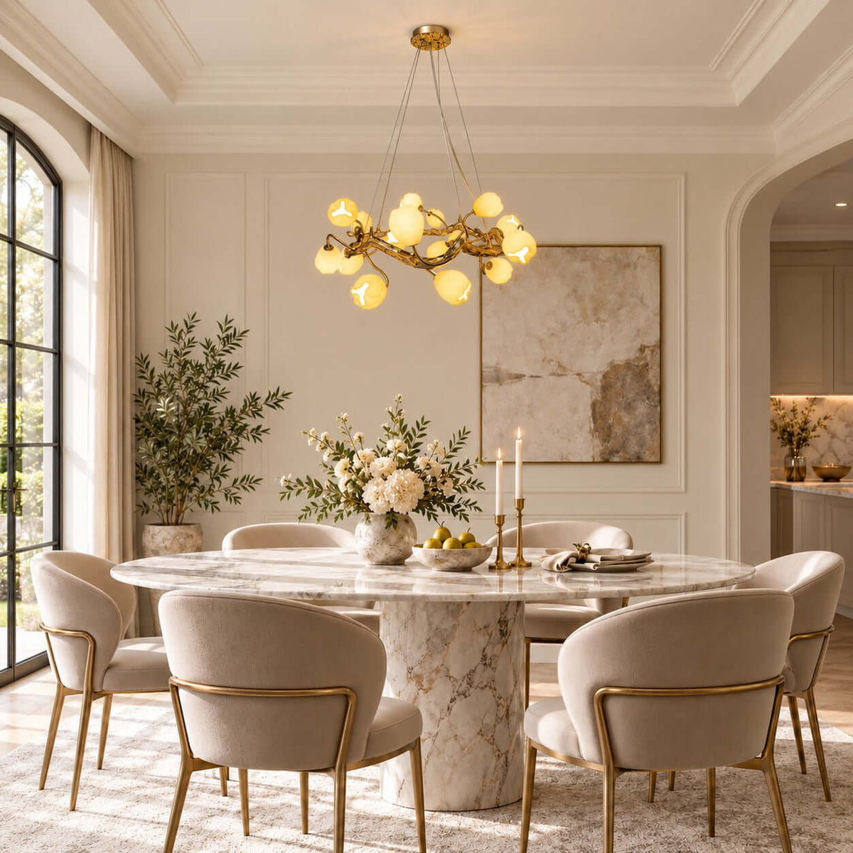 A Clérachic flower chandelier in a panelled cream dining room, glowing above a marble table with cream chairs trimmed in brass.