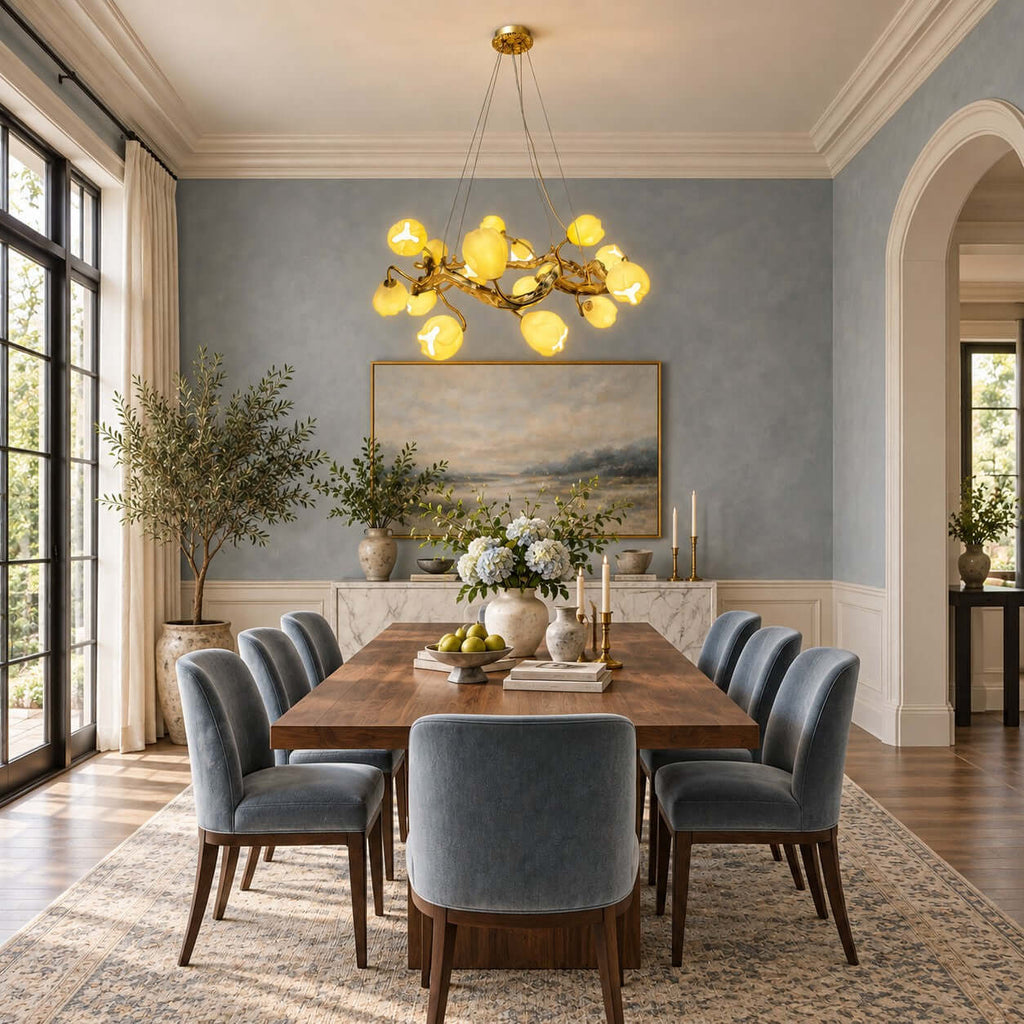 Over a long wooden table with blue velvet chairs, this Clérachic gold chandelier lights a pale blue wall and a landscape painting.