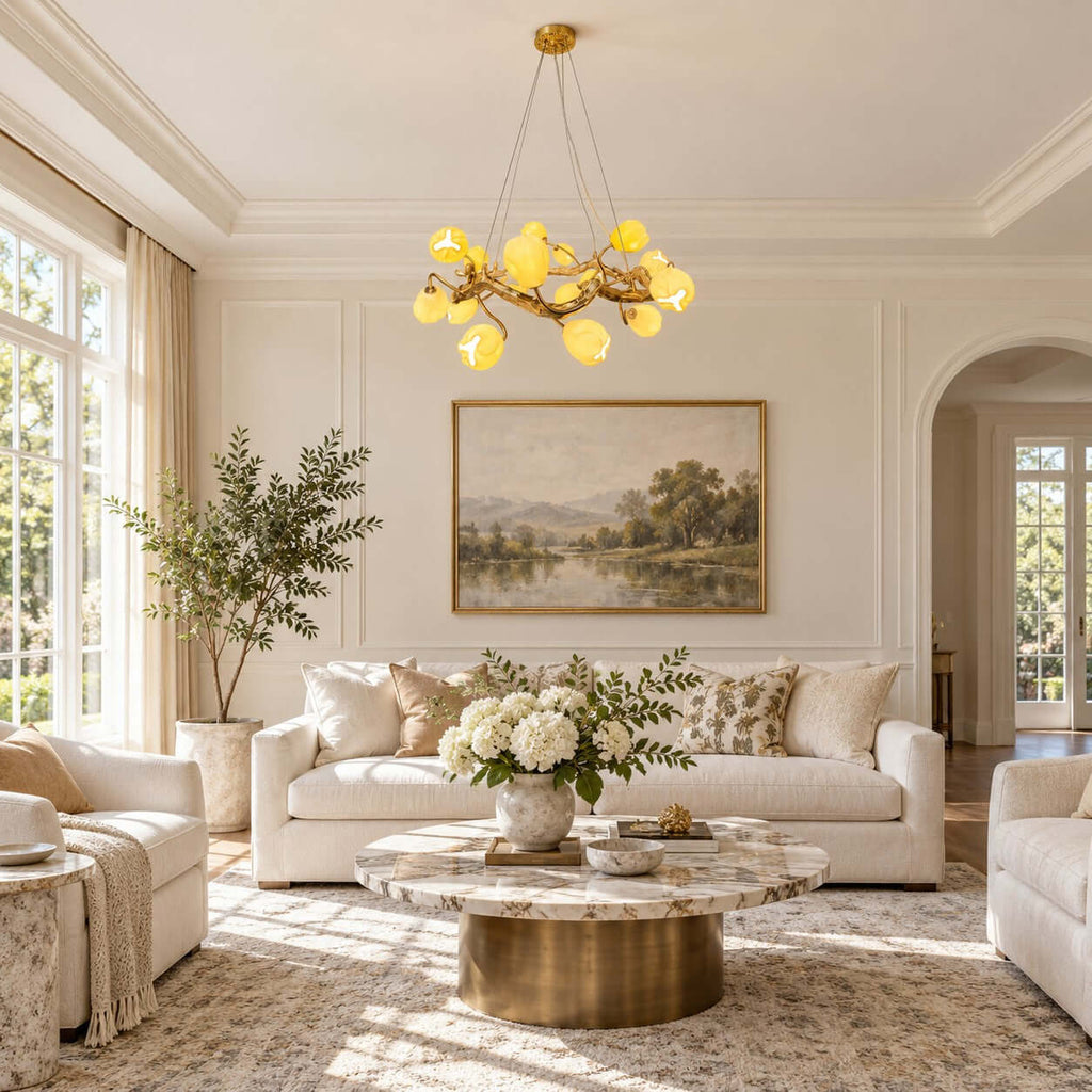 This Clérachic chandelier hangs in a tall cream living room above a round marble coffee table, with a white sofa and a landscape painting.
