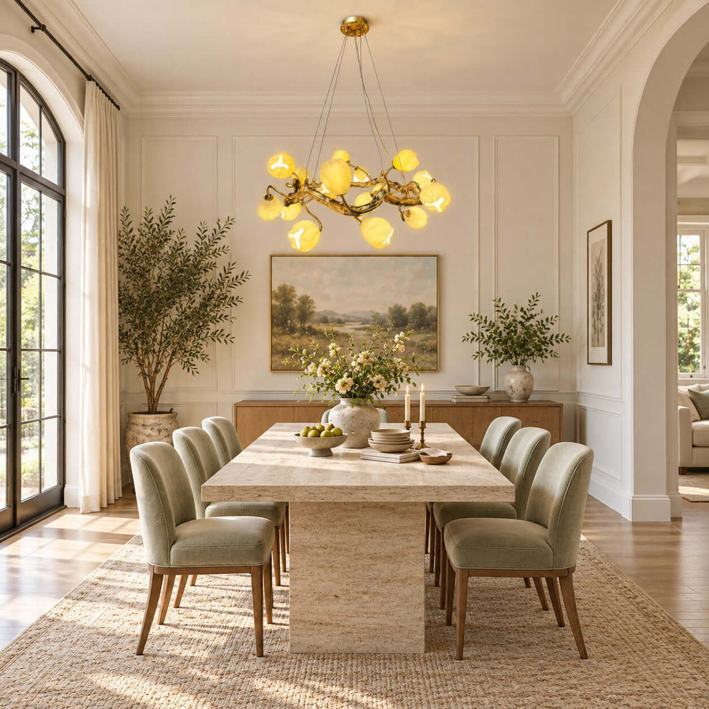 Hung above a long pale stone table with sage-green chairs, this Clérachic gold branch chandelier glows under a ceiling with plaster mouldings.