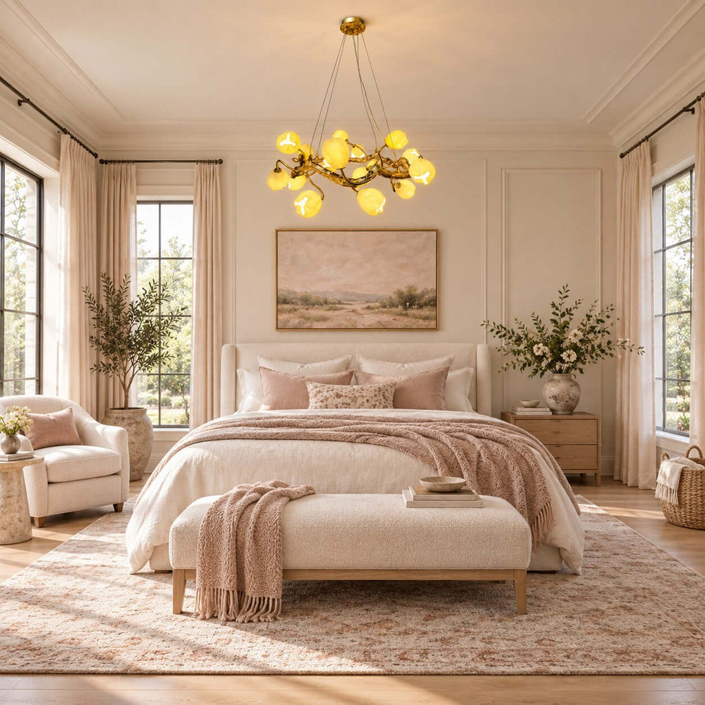 A Clérachic gold chandelier lit above a bed with a cream bench and blush throw, with soft curtains and a pastel landscape on the wall.