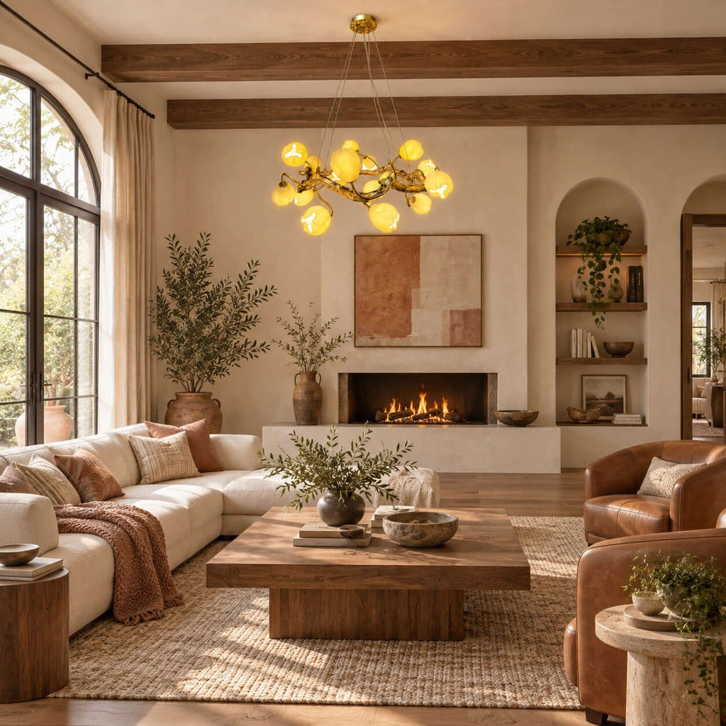 This Clérachic flower chandelier hangs above a wooden coffee table in a living room with a stone fireplace, leather armchairs and exposed beams.