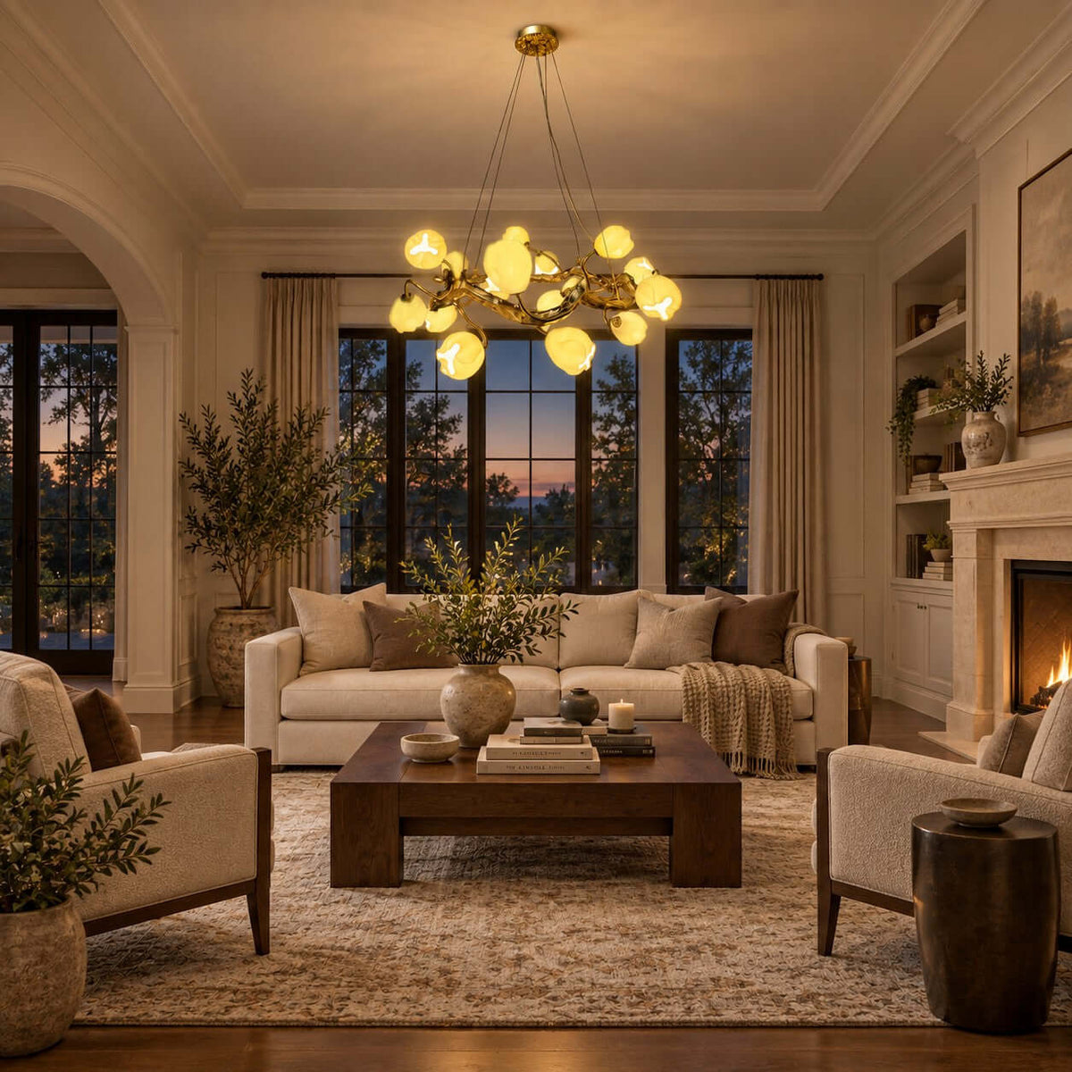 Lit at dusk above a dark wooden coffee table, this Clérachic gold chandelier glows in a living room with a fireplace and tall windows.
