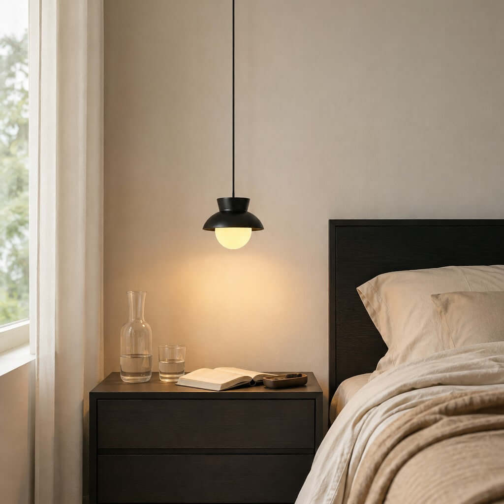 Beside a dark bedside cabinet with a carafe and an open book, a black Clérachic pendant hangs lit warm above a bed with beige linen.