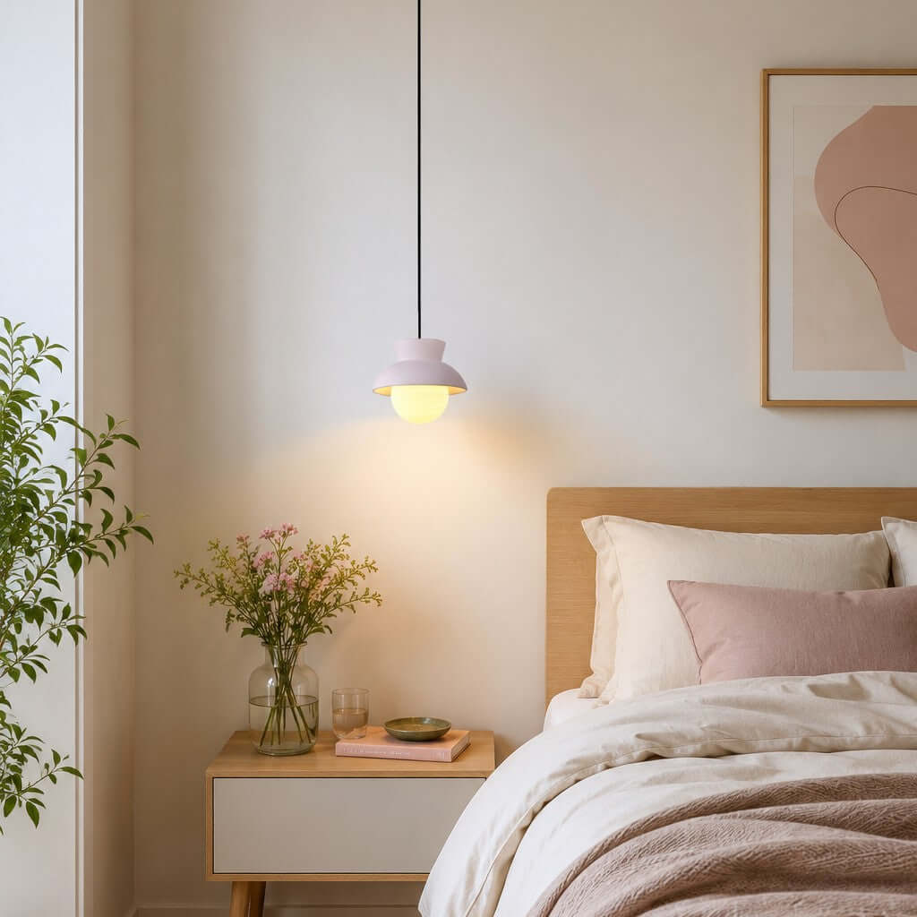 A Clérachic pendant with a pale blush hood glows above a white bedside table with flowers, next to a bed with pink bedding.