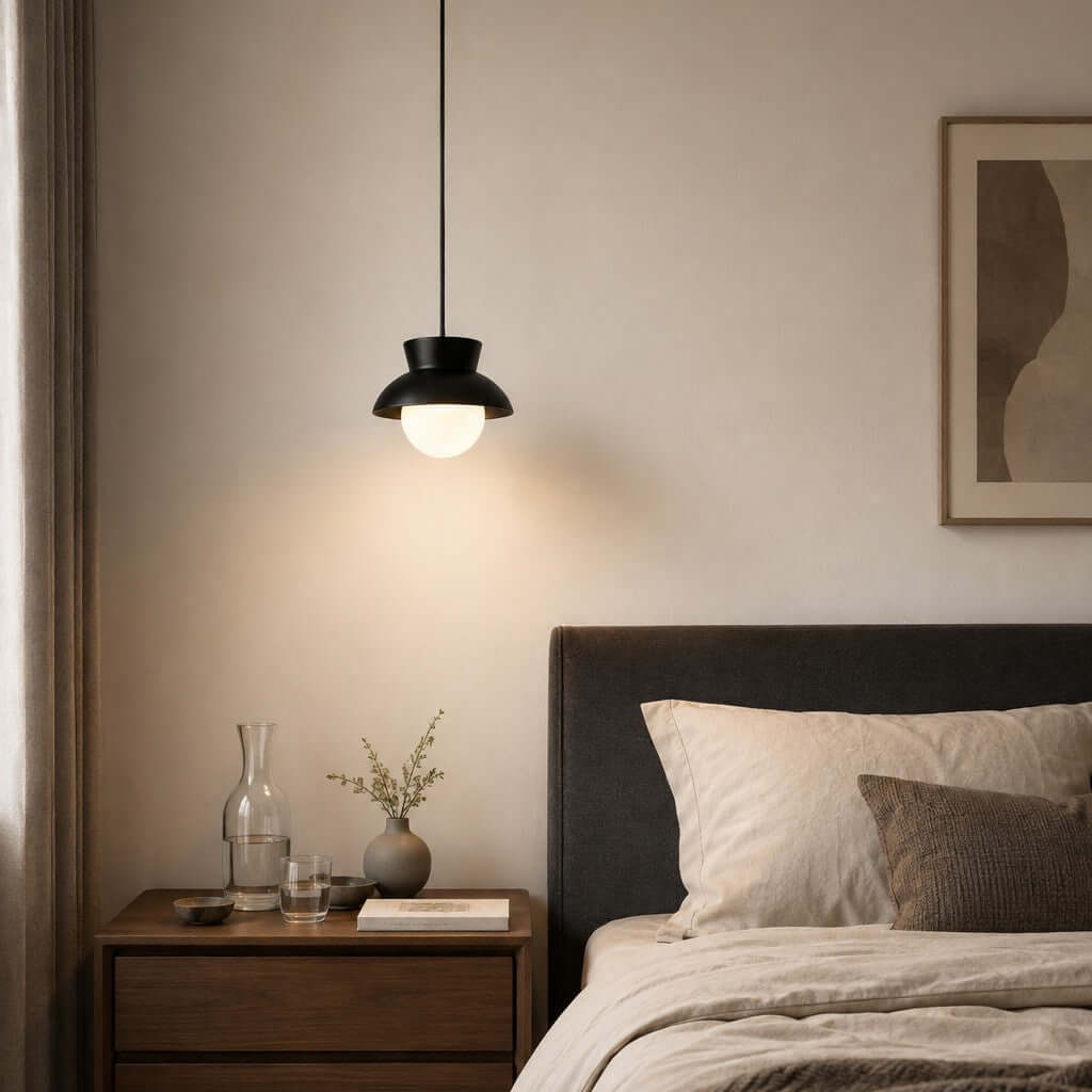 A black Clérachic pendant hangs lit at bedside height above a dark nightstand with a carafe, next to a charcoal headboard.