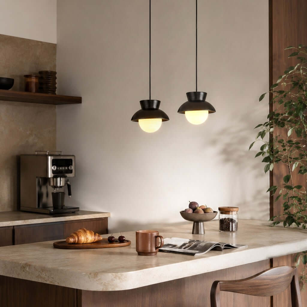 Two black Clérachic pendants hang over a stone kitchen counter with a coffee machine, a croissant and an open magazine.
