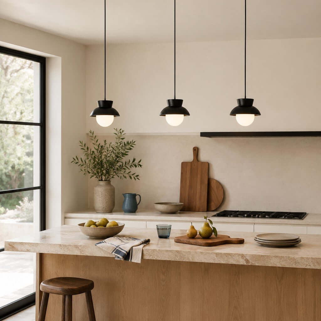Three black Clérachic pendants hang in a row over a kitchen island, with a wooden chopping board and a bowl of pears.