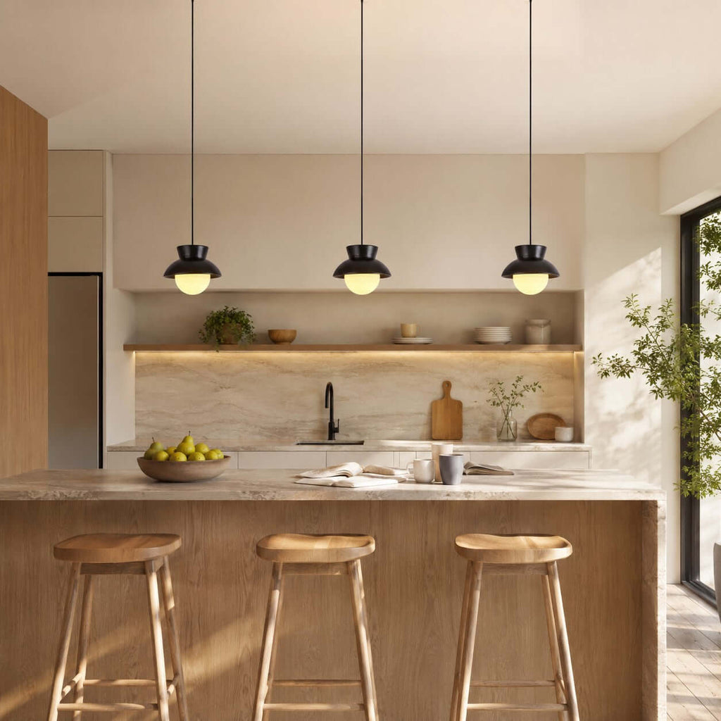 Three black Clérachic pendants hang over an oak kitchen island with three wooden stools, under a long lit shelf.