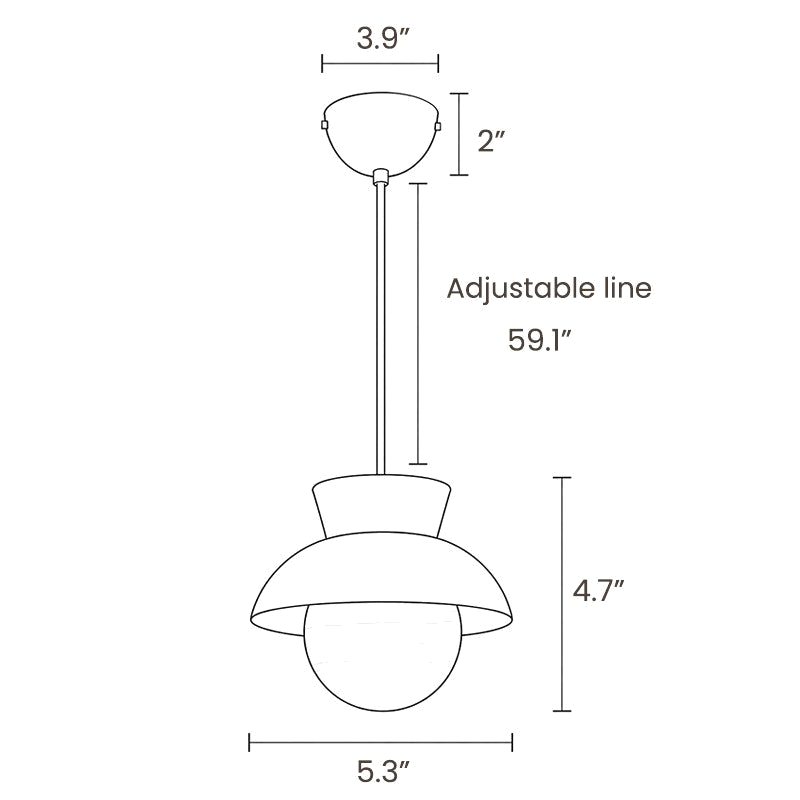 Dimension drawing of this Clérachic pendant, with its height, width, canopy size and cord length marked.