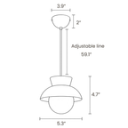 Dimension drawing of this Clérachic pendant, with its height, width, canopy size and cord length marked.