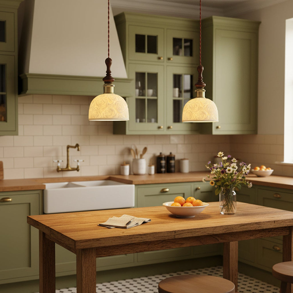 Two white ceramic Clérachic pendants lit above a wooden kitchen table, in front of sage-green cabinets and cream tiles.