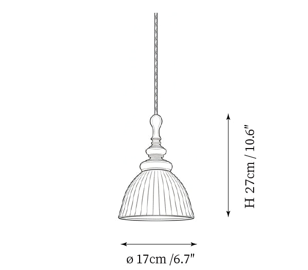 Clérachic pendant light dimension drawing, 1 of 2, every measurement marked in centimetres and inches.