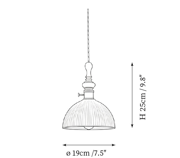 Clérachic pendant light dimension drawing, 2 of 2, every measurement marked in centimetres and inches.