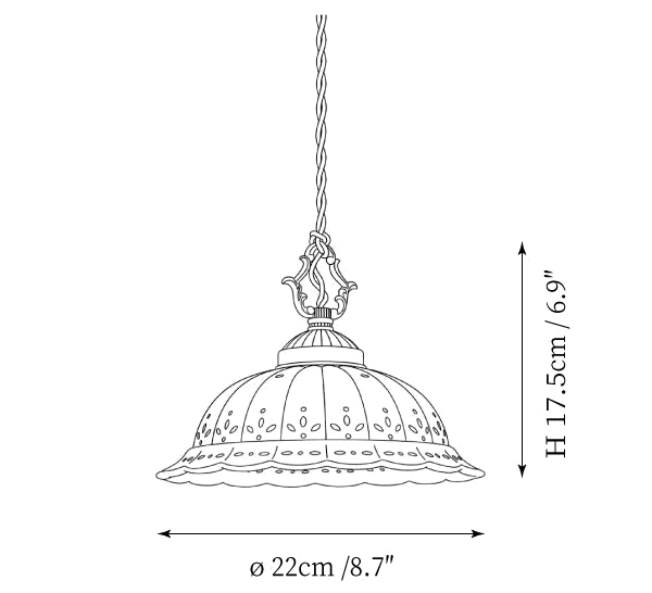 Clérachic pendant light dimension drawing, every measurement marked in centimetres and inches.