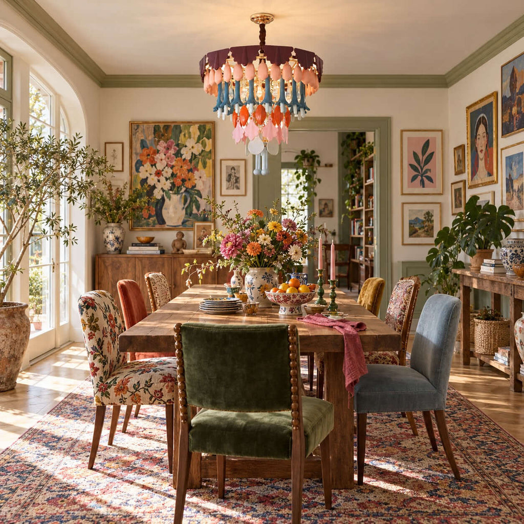 A lit Clérachic chandelier in coral, teal and pink hangs over a long table with mismatched patterned and velvet chairs.