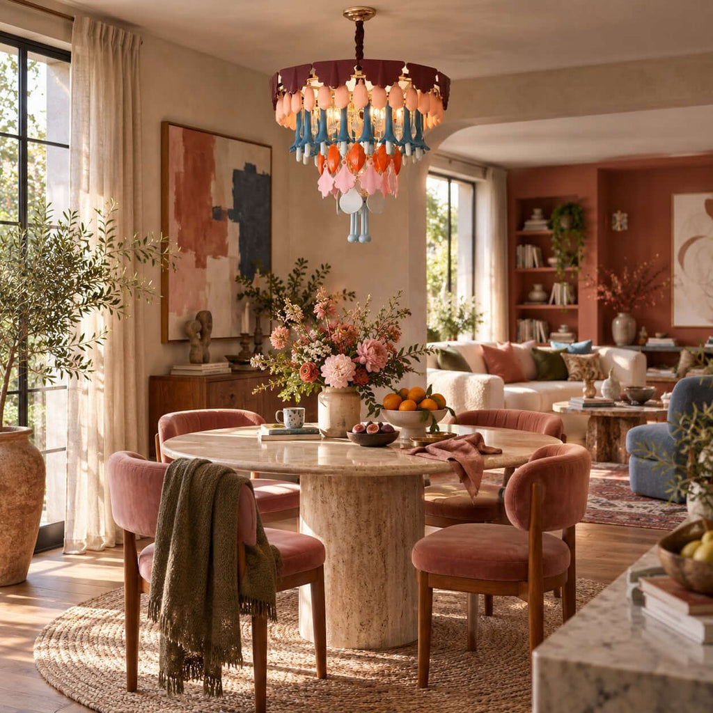 A Clérachic ceramic chandelier glows above a round stone-topped table with rose velvet chairs and a green throw, in an open-plan room.