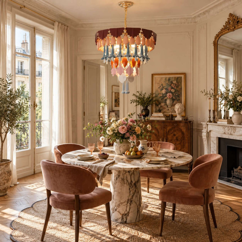 A Clérachic chandelier with glazed ceramic petals above a marble-topped round table and rose velvet chairs, by tall French doors.