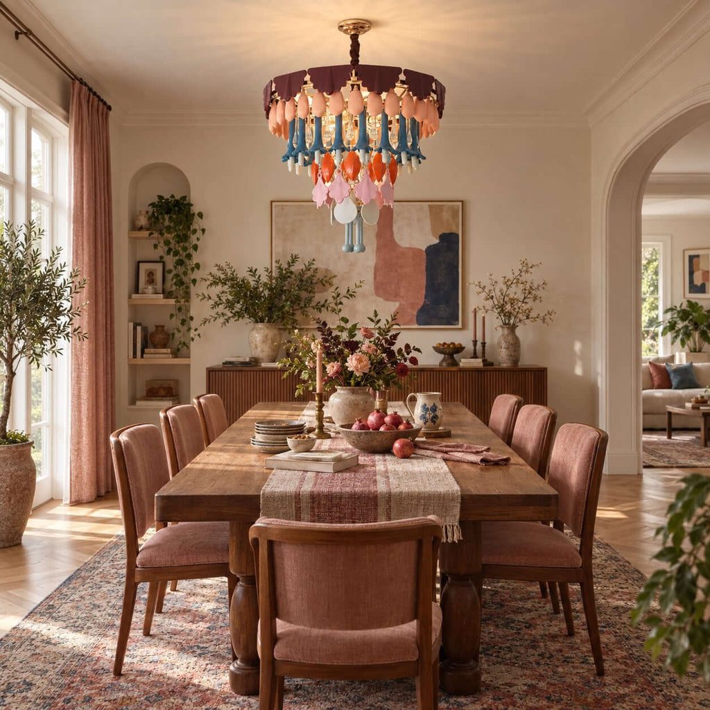 The Clérachic chandelier above a long wooden dining table with blush-pink chairs, with a pale arched doorway behind.