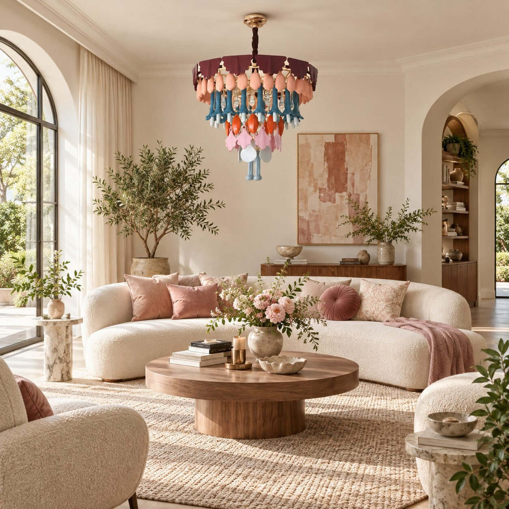 A Clérachic chandelier hangs in a living room above a curved cream sofa and a round wooden coffee table, with an olive tree beside.