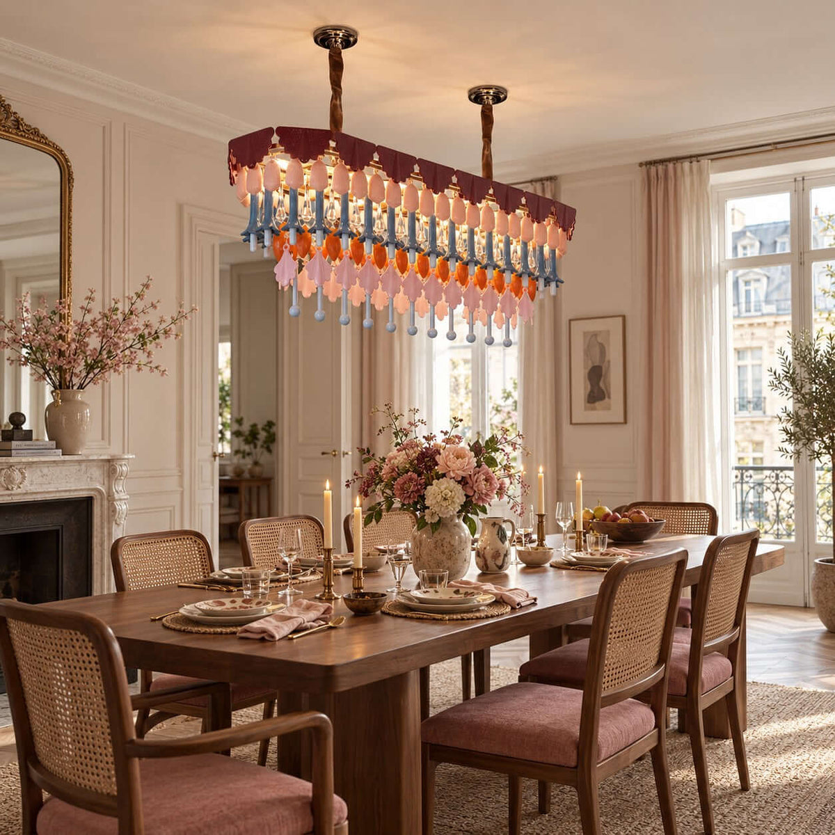 A rectangular Clérachic chandelier with a burgundy canopy and rows of pink and teal drops hangs over a long wooden dining table.