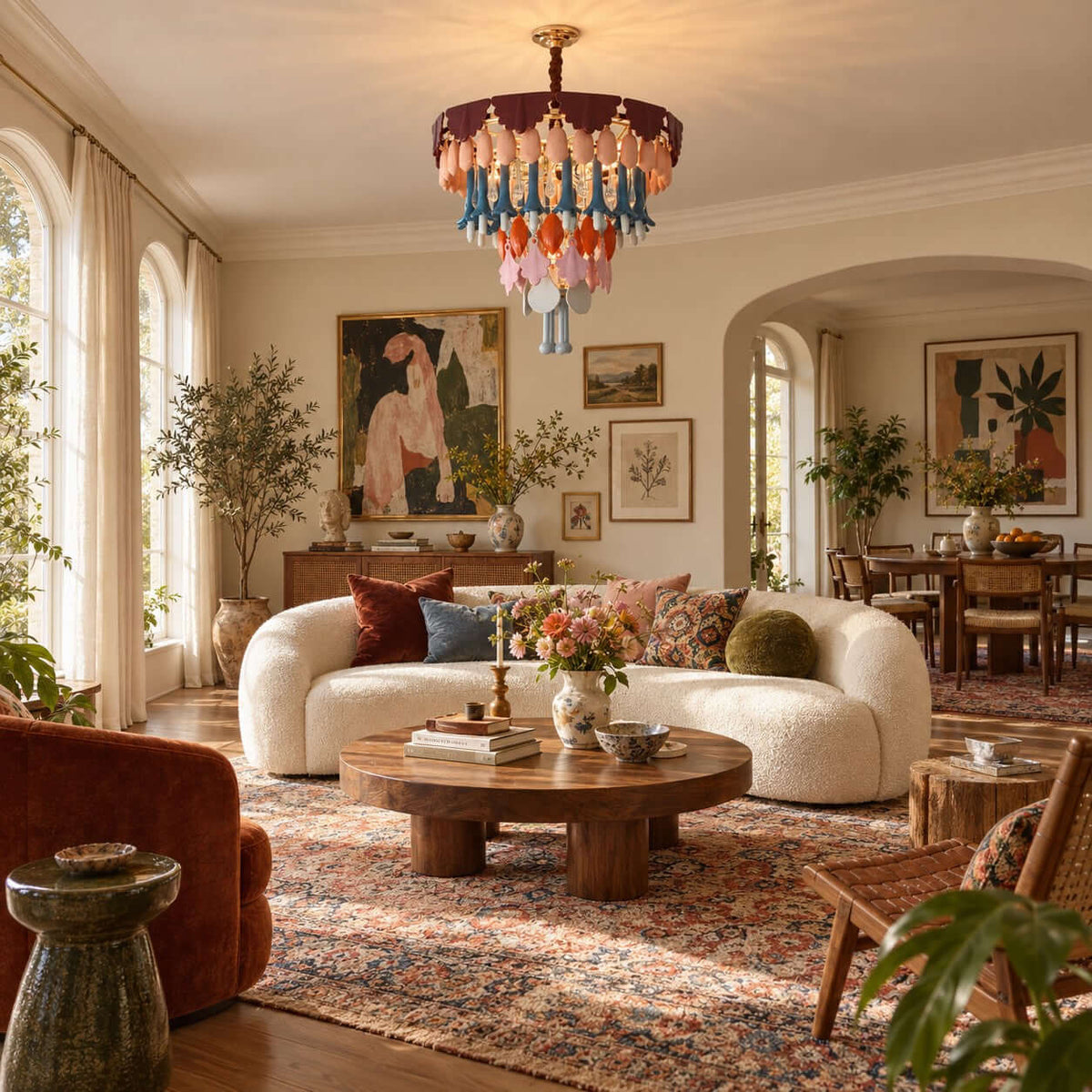 A Clérachic chandelier lit high in a living room with a curved cream sofa, a wood coffee table and an arched doorway behind.