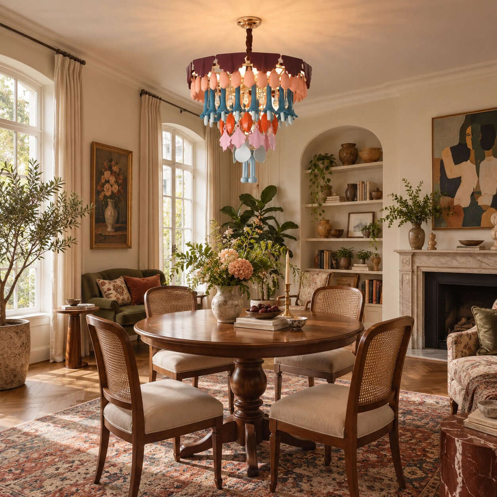 The Clérachic chandelier hangs over a round pedestal table with cane chairs, in front of a fireplace and built-in shelving.