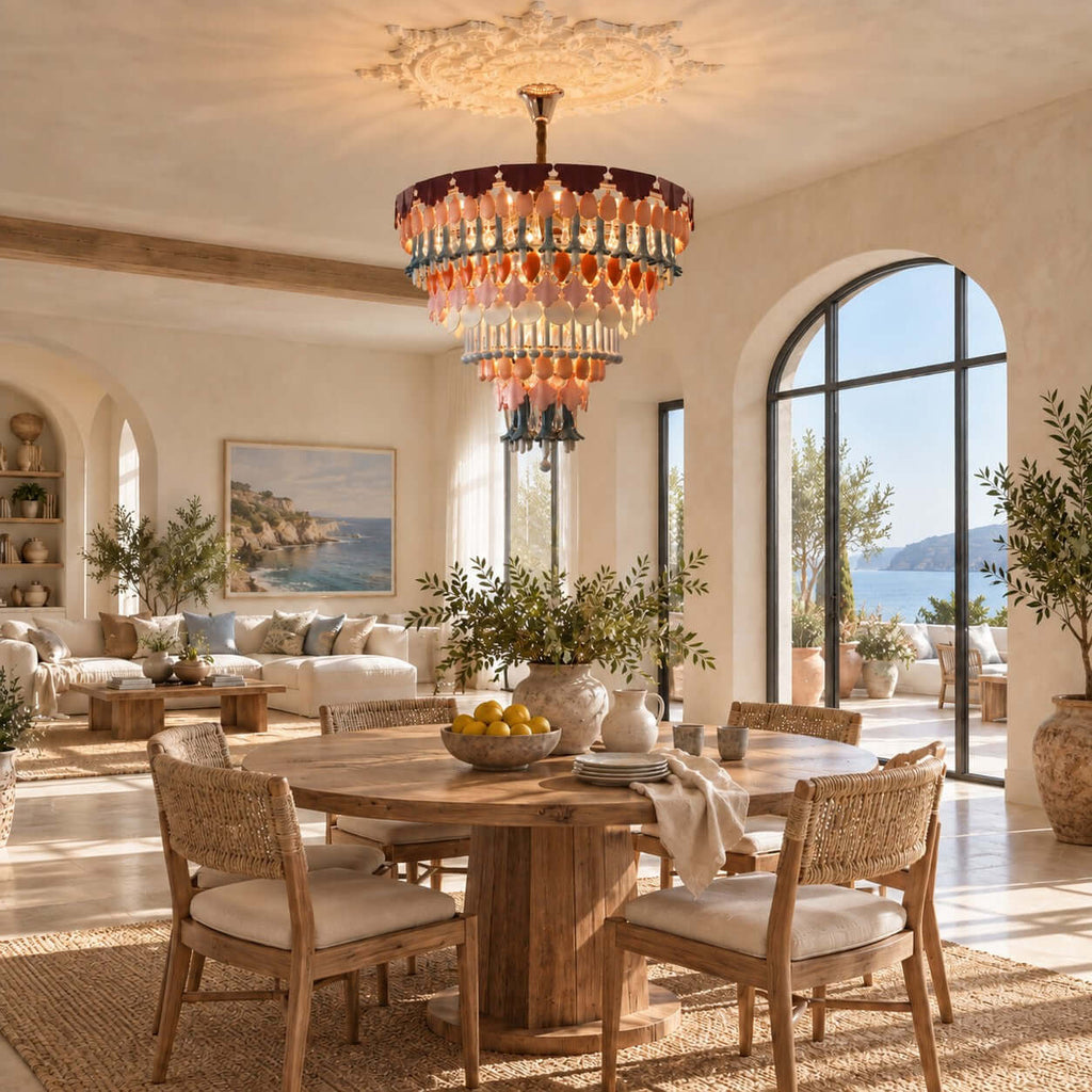 A Clérachic ceramic chandelier hangs in a sunlit room with a round oak table, an arched window and a sea view.