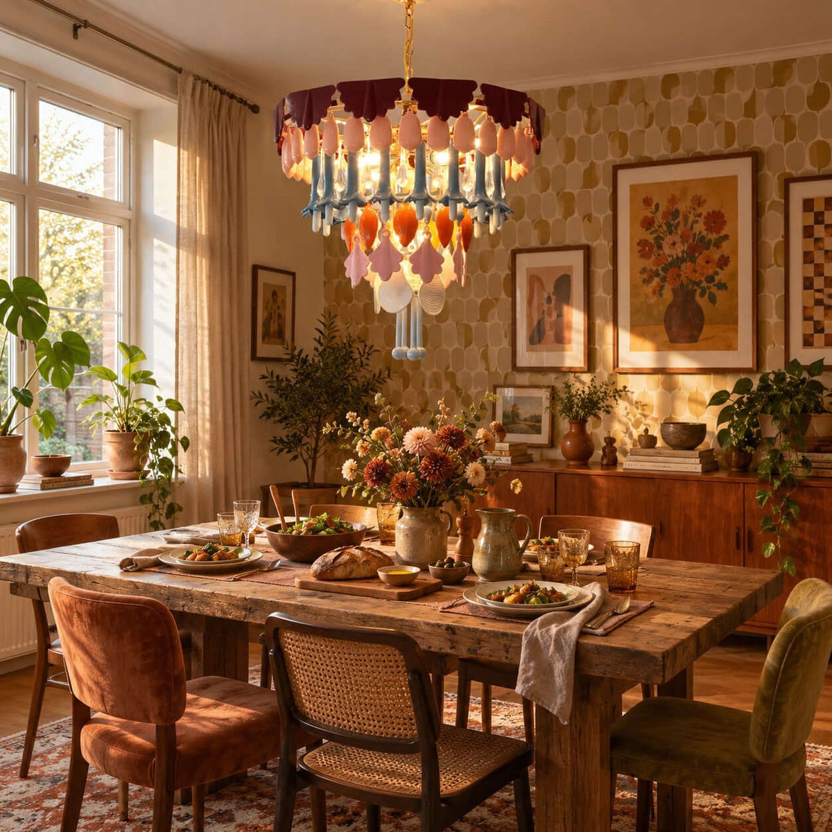 A lit Clérachic chandelier hangs above a rustic table laid for a meal, with rust, olive and cane chairs and framed floral art behind.