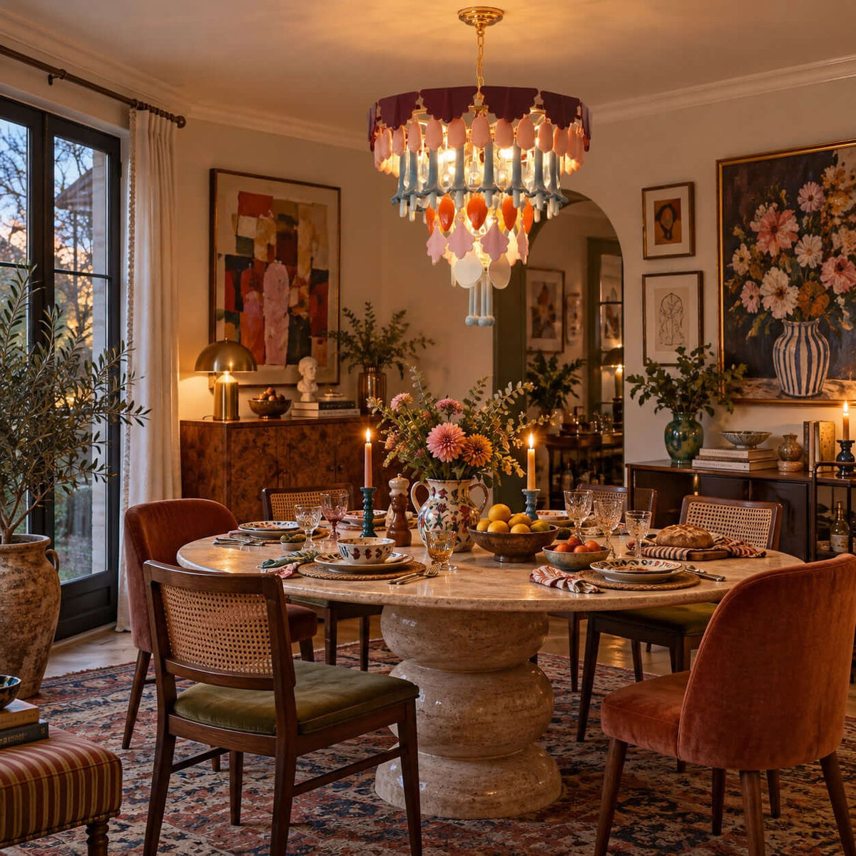The Clérachic chandelier glows above a round stone dining table set with candles, with velvet and cane chairs and tall windows.