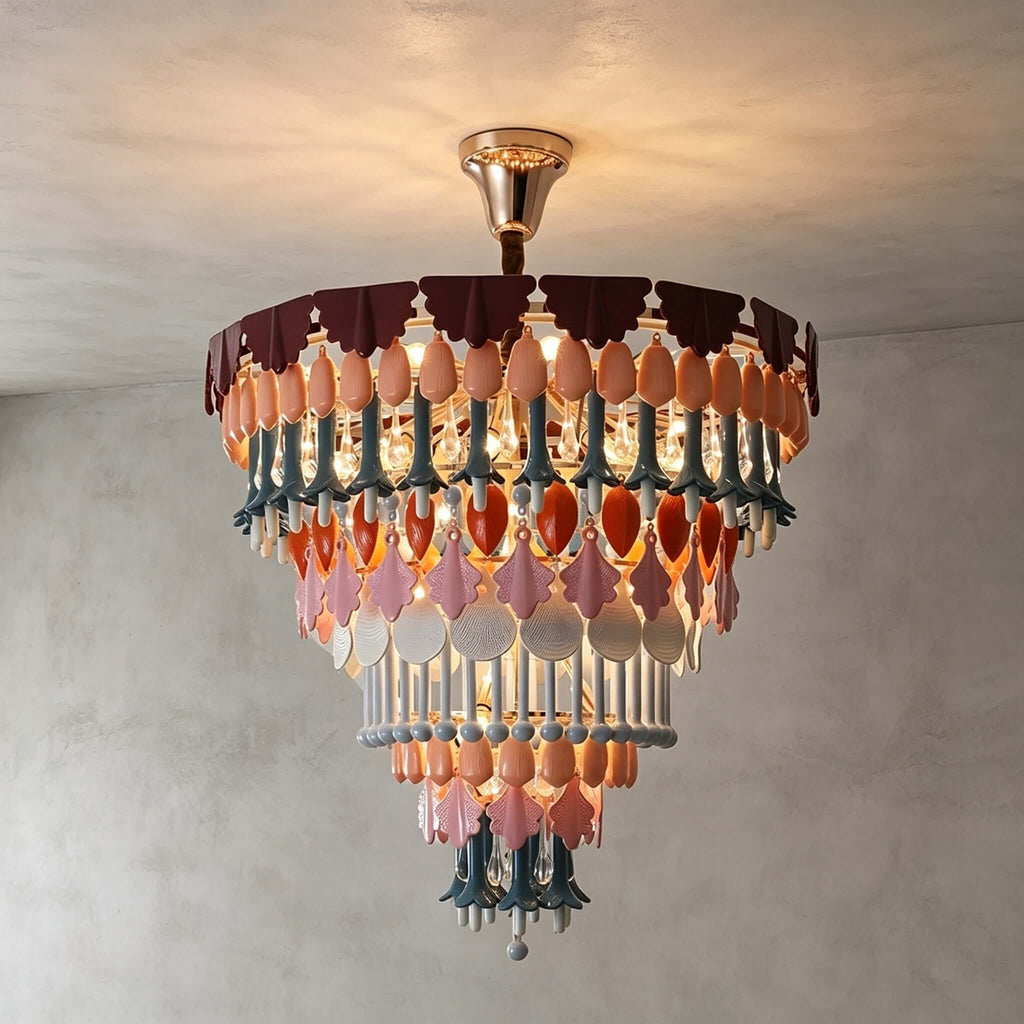 A larger, taller round Clérachic chandelier, with a gold canopy and many tiers of pink, orange and teal drops, lit on grey plaster.