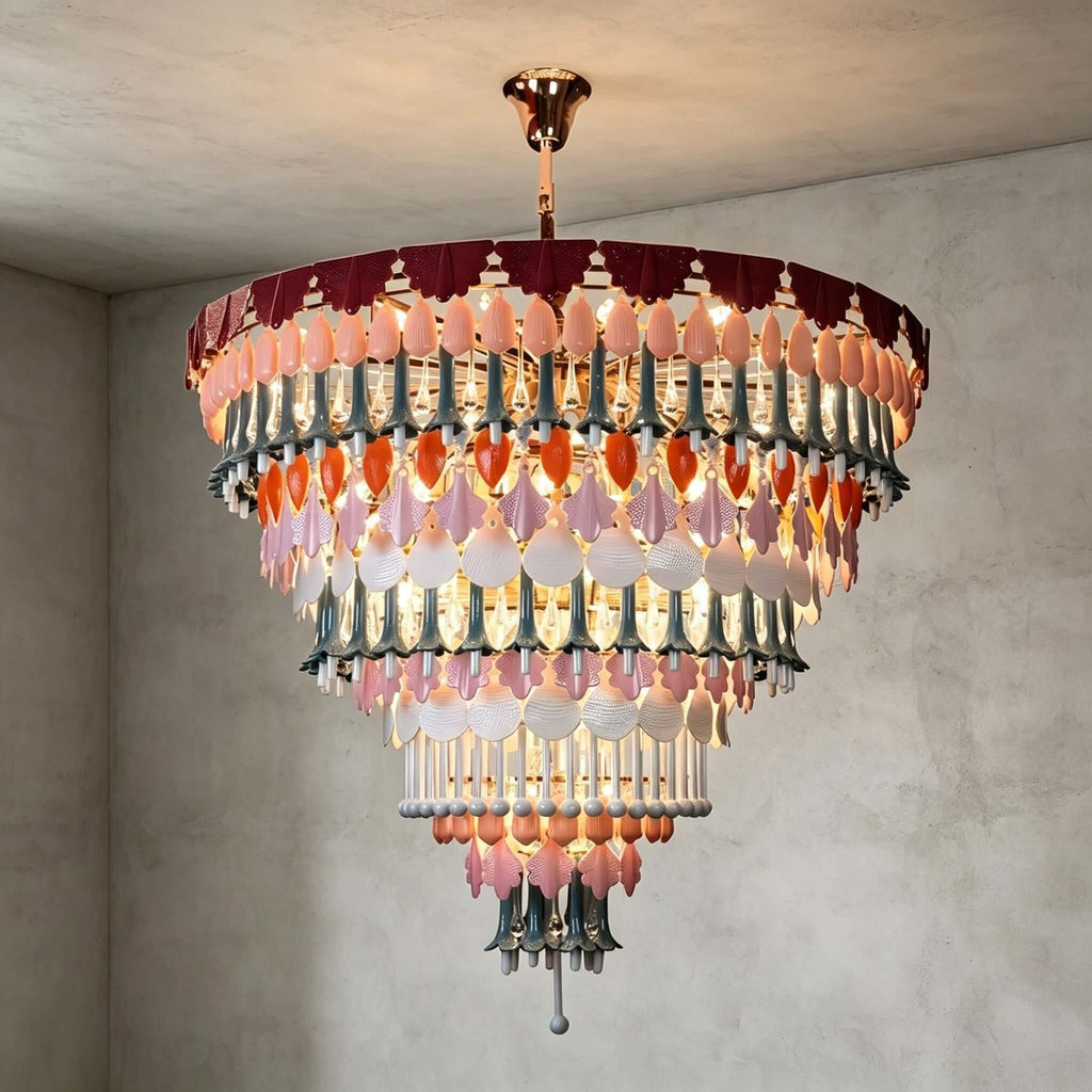 The widest round Clérachic chandelier, with a gold canopy and deep tiers of coloured ceramic and glass, lit against a grey wall.