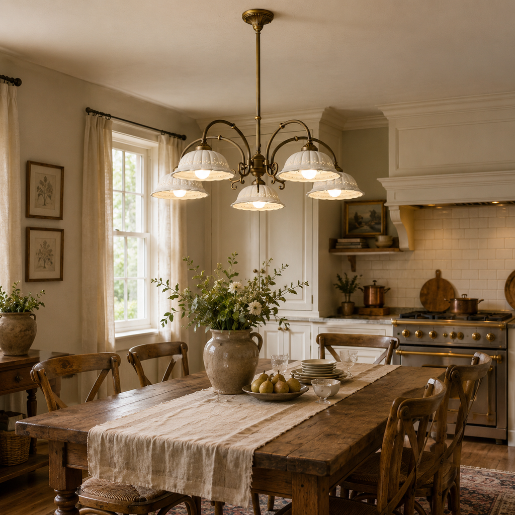 Clérachic ceramic shade chandelier hanging over a rustic wooden dining table in a farmhouse kitchen with a range cooker behind.