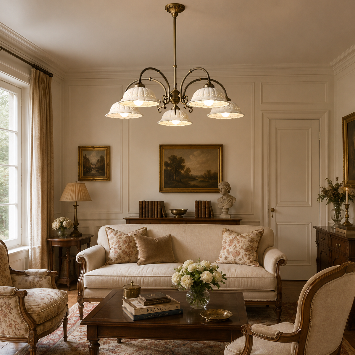 A Clérachic five-light chandelier with white ceramic shades in a cream sitting room, above a sofa and low wooden coffee table.