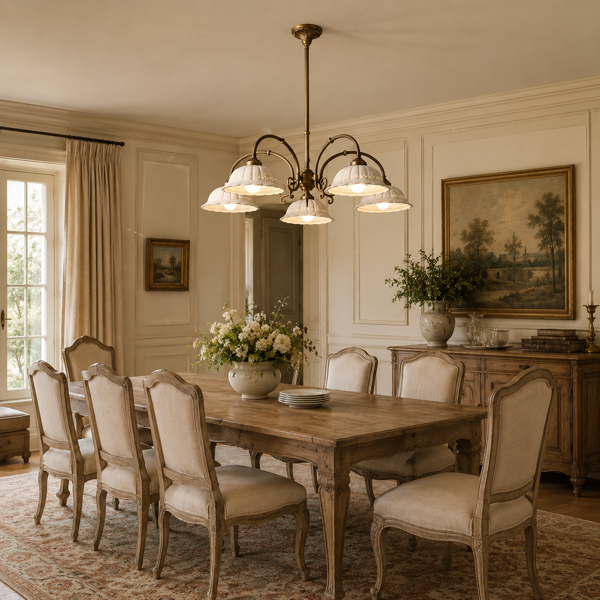 This Clérachic chandelier with curved brass arms and white shades above a long wooden dining table and upholstered chairs.