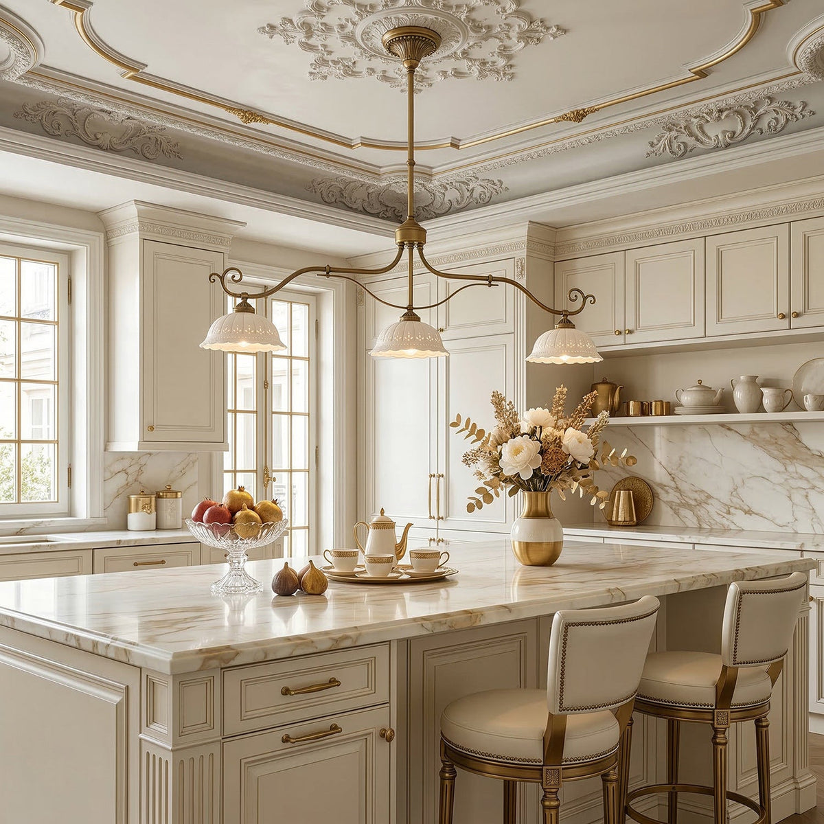 Three-light Clérachic chandelier on long, curving brass arms, hung in a cream kitchen with a marble island and ornate plaster ceiling.