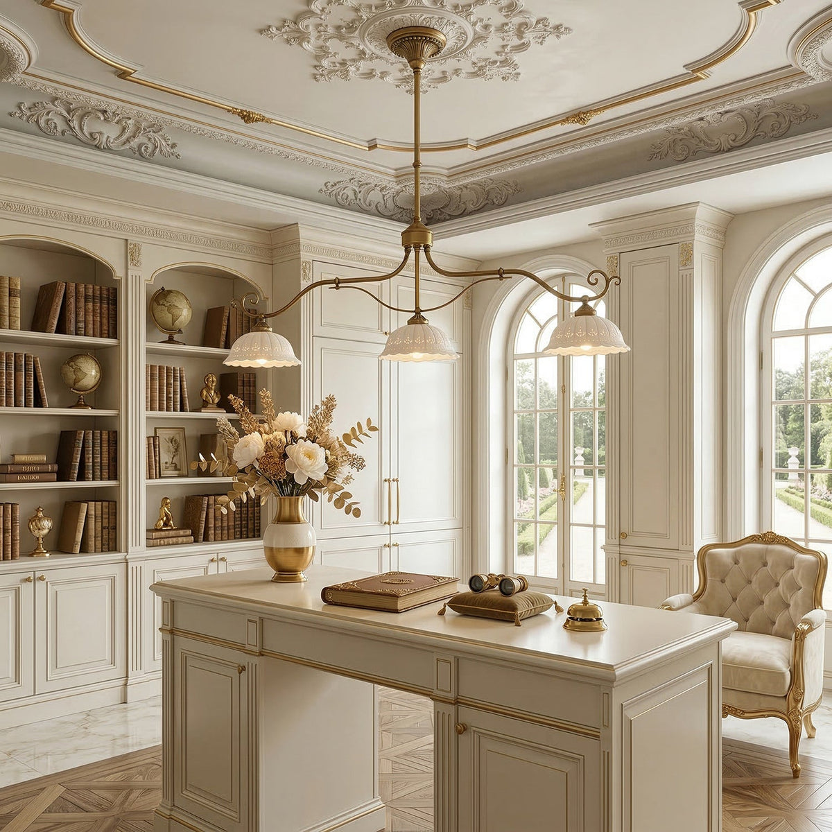 A Clérachic three-arm chandelier with white shades in a cream study, with built-in bookshelves, an arched window and a writing desk.