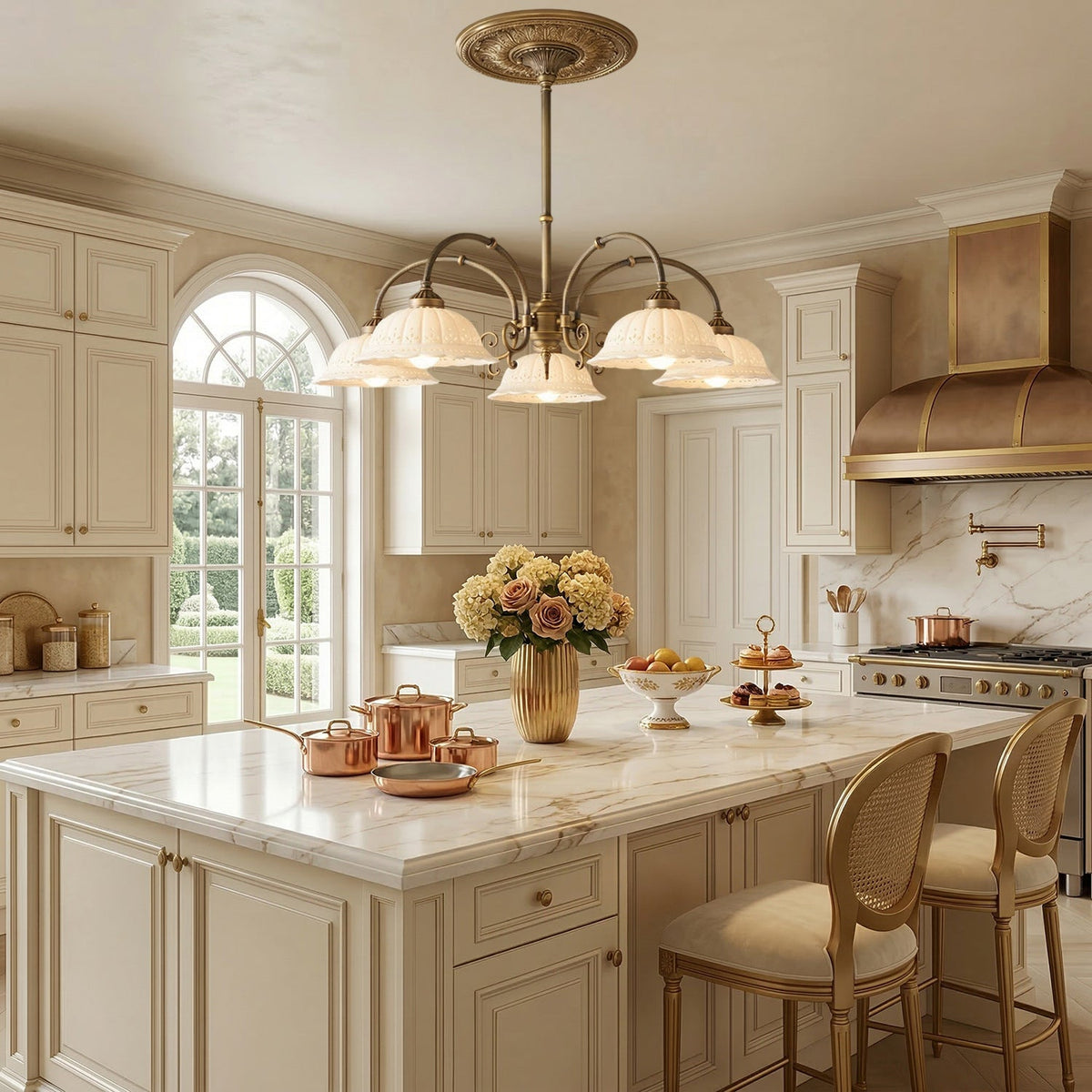 Clérachic five-light chandelier with white ceramic shades under a decorative ceiling rose, above a marble kitchen island with copper pans.