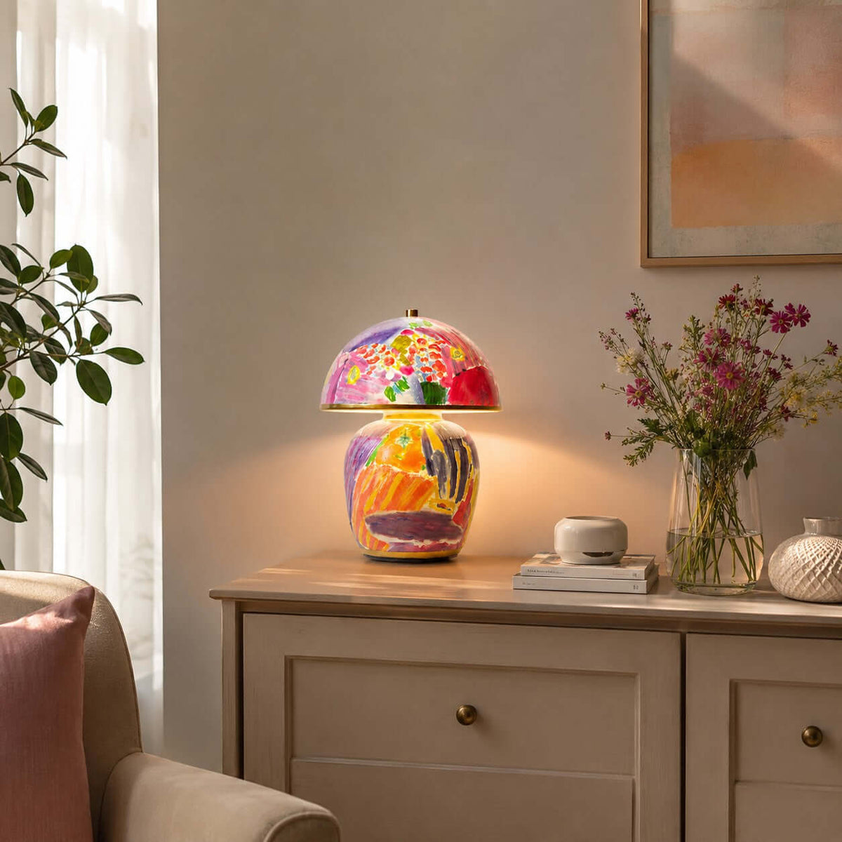 A Clérachic table lamp lit on a pale cabinet with brass handles, beside a glass vase of dark pink flowers and a framed print.